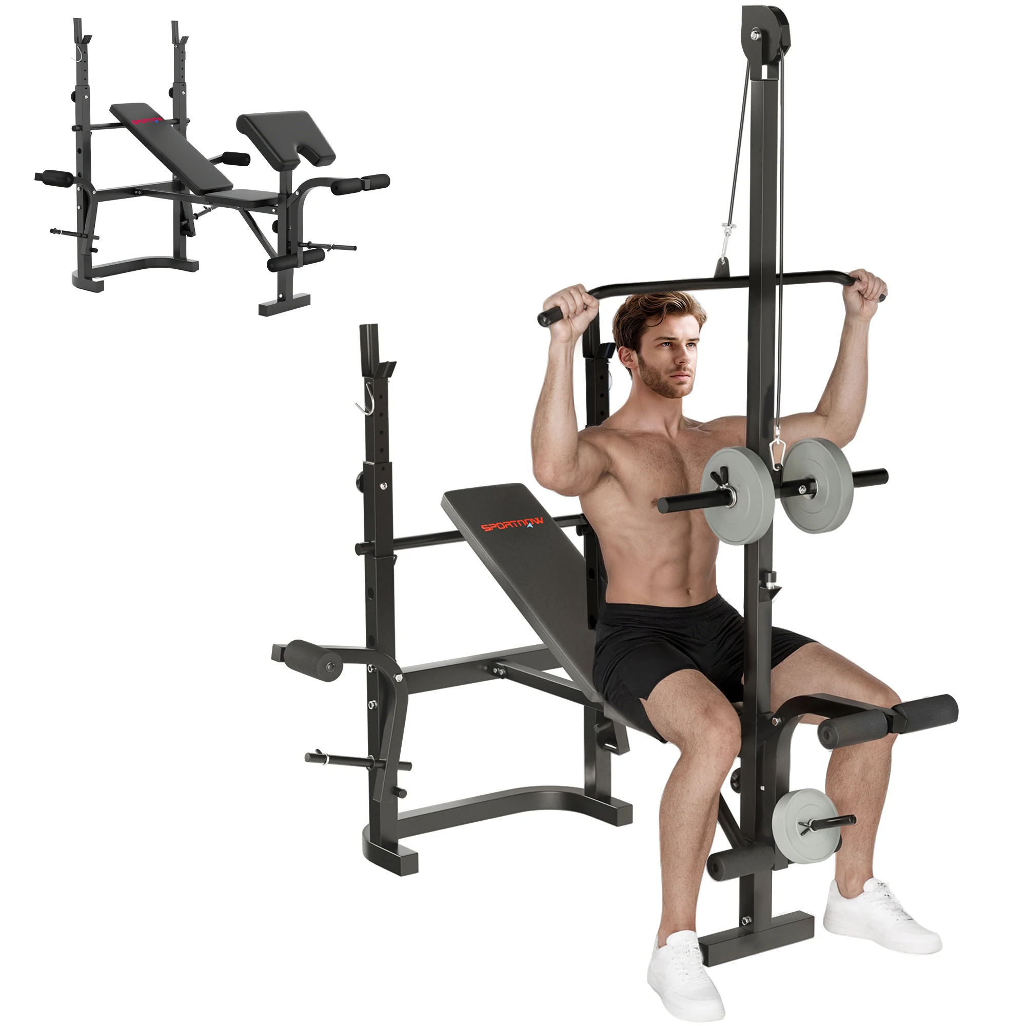 SPORTNOW Banco de Musculación Multifuncional Inclinable, Banco de Pesas con Soporte para Barra Ajustable, Extensión de Piernas,