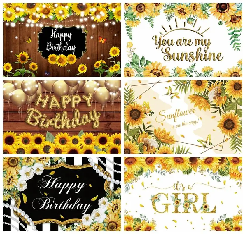 

Laeacco Sunflower Birthday Backdrop You are My Sunshine Floral Photo Girl Baby Shower Portrait Customized Photography Background