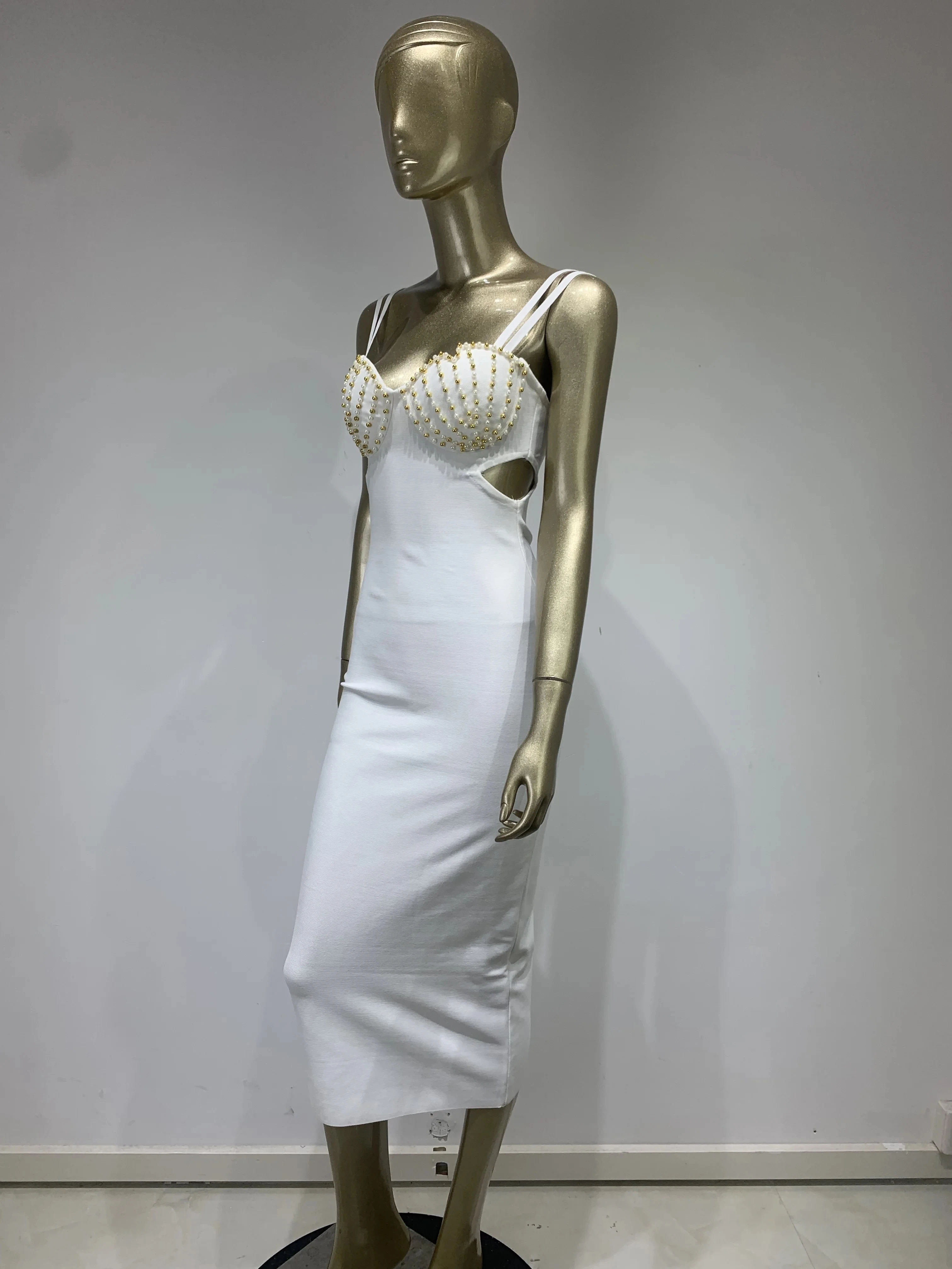 New Summer Fashion Women Sexy V Neck Beading White Black Bodycon Midi Bandage Dress 2024 Elegant Evening Club Party Dress