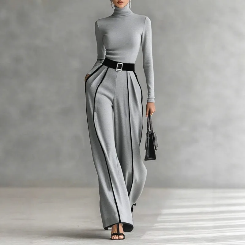 

2025 Temperament Autumn and Winter New Product Polished Long-sleeved Waist Wide-leg Trousers