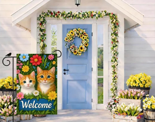 Spring Garden Flag Cat Welcome Flag Double Sided 12 X 18 Inch Featuring Orange T UUI GGX