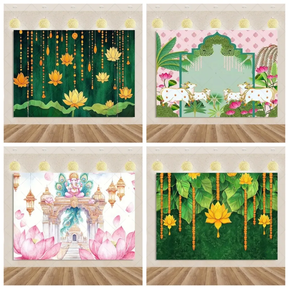 

Traditional Indian temple lotus flower photography banner background, Indian style party decoration banner photography backdrop