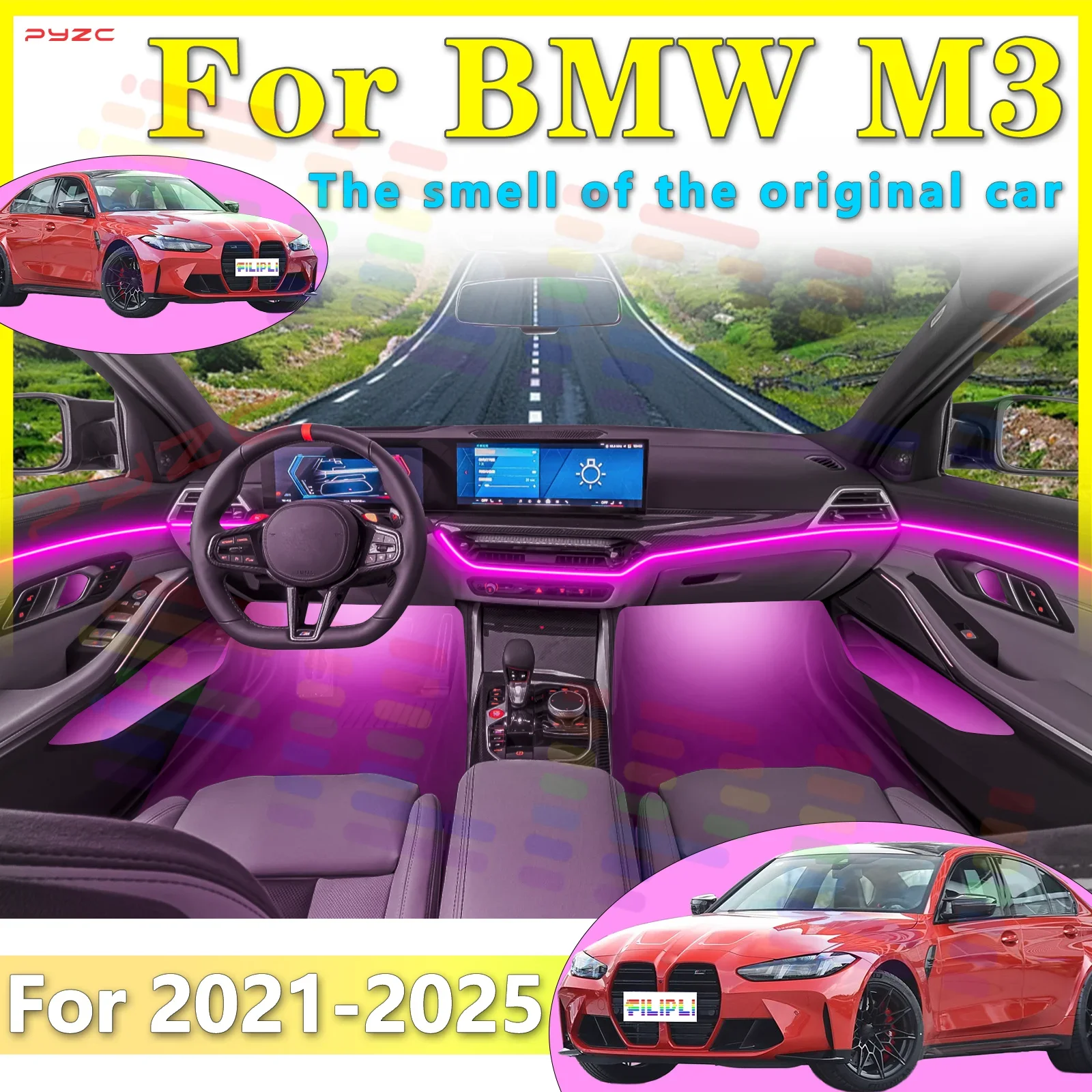 

Для BMW M3 G80 интерьерная скрытая акриловая светодиодная полоса освещения настроения 64 цветное приложение для плавного привода