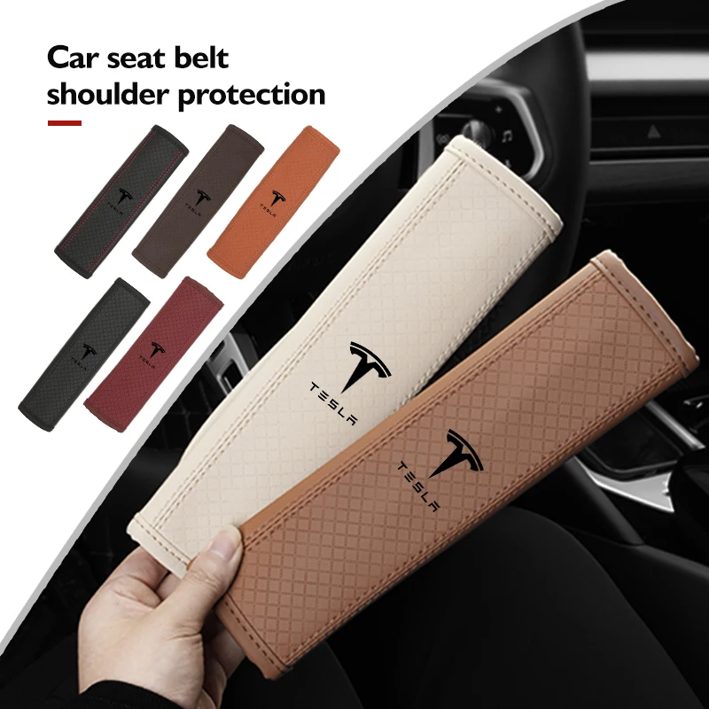 Leather Car Seat Belt Shoulder Protector Pad Auto Accessories For Tesla Model 3 Y S X Roadster Bonina Coil