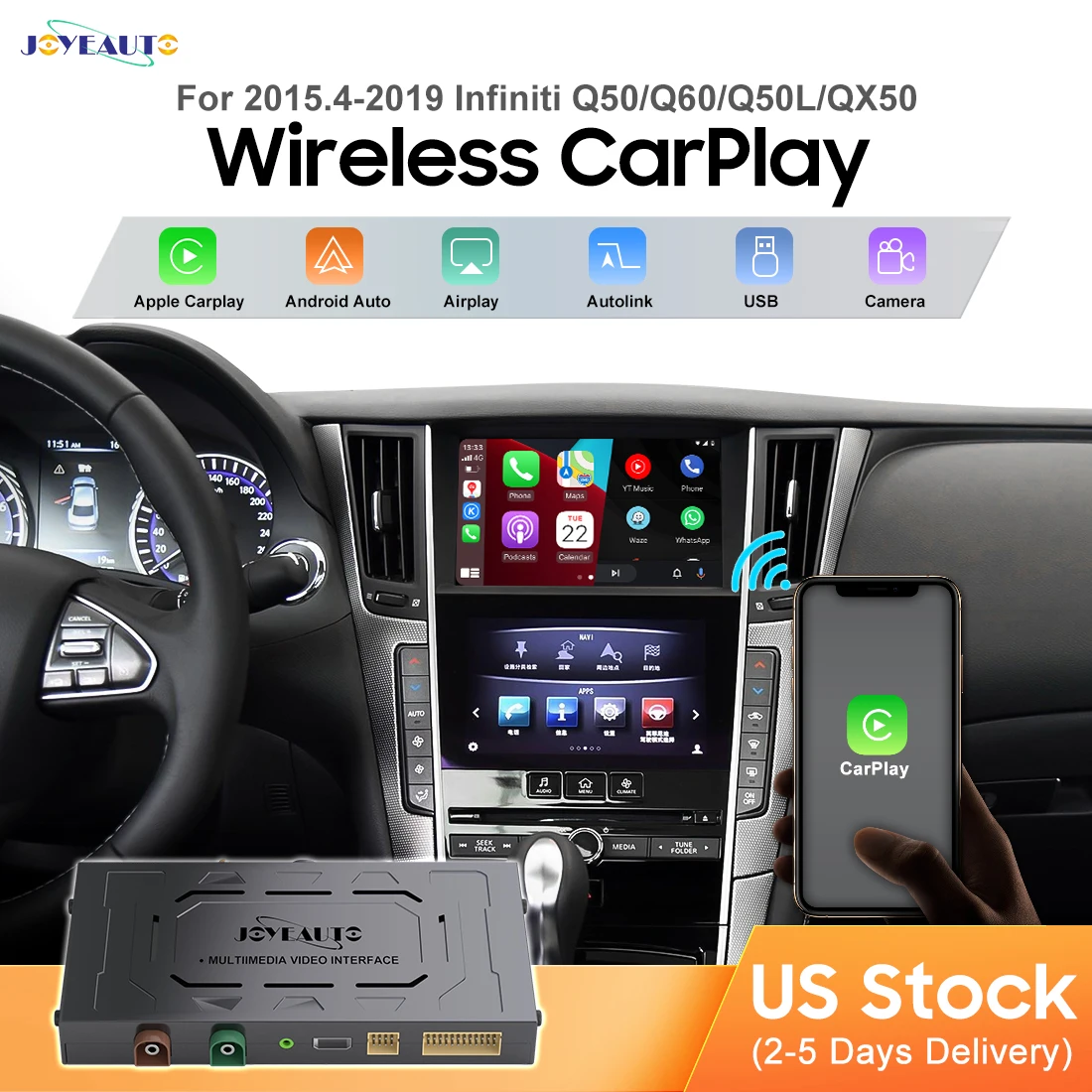 

JOYEAUTO Wireless Apple CarPlay Android Auto for Infiniti Q50 QX50 Q50L Q60 QX60 Q70 Aftermarket Car Play Upgrade Retrofit Kit