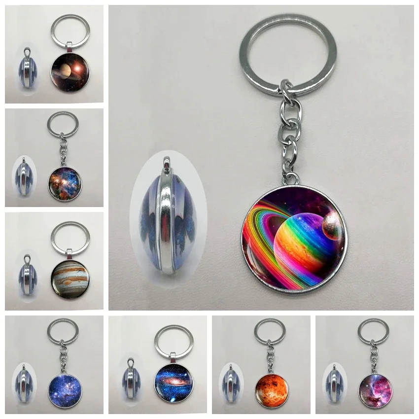 Solar System Planet Key Ring Galaxy Nebula Space Keychain Moon Earth Sun Mars Art Picture Double-sided Glass Keychain