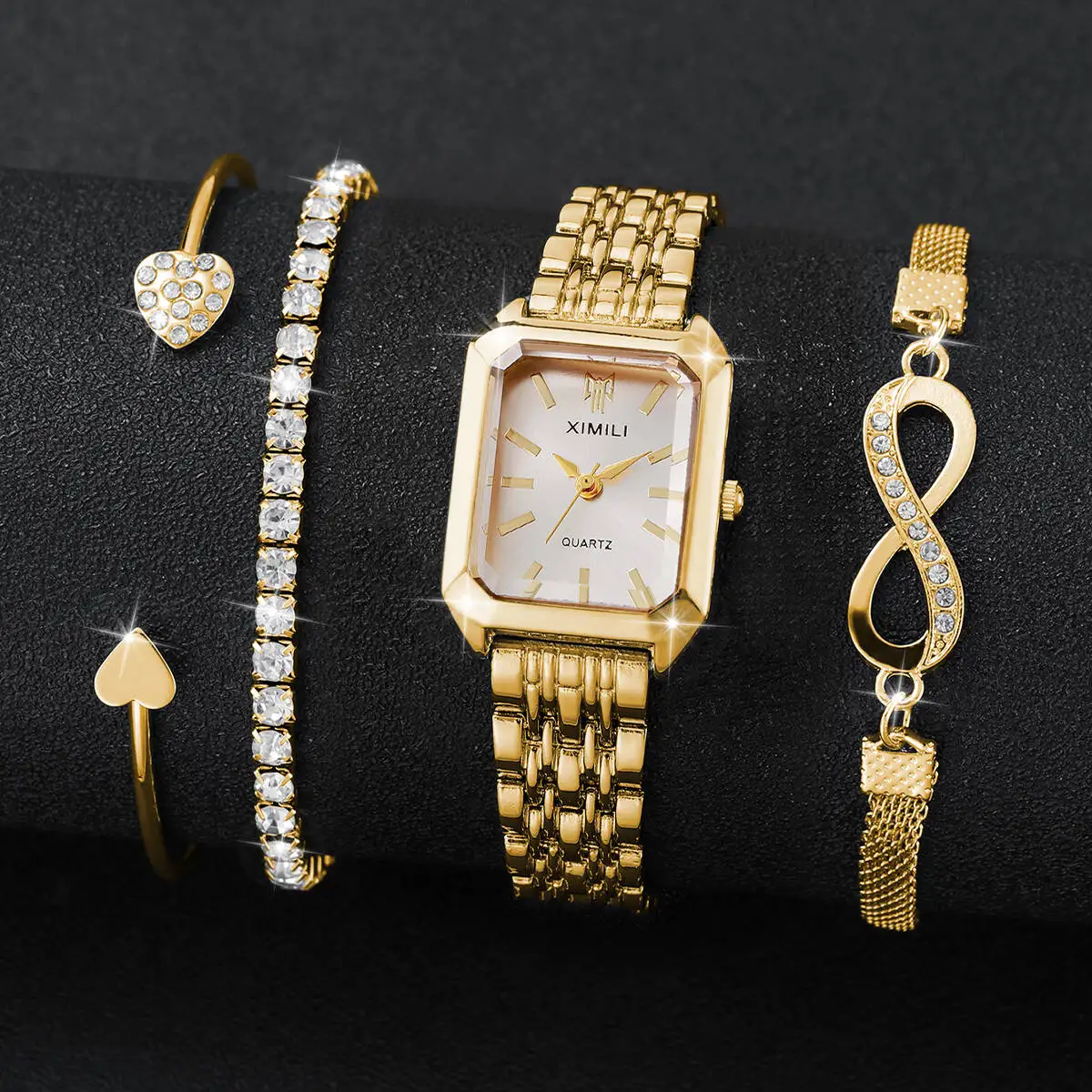 4 pezzi moda rettangolo orologi da donna cinturino in acciaio inossidabile di lusso orologio al quarzo da donna bracciali con strass set Relogio Feminino