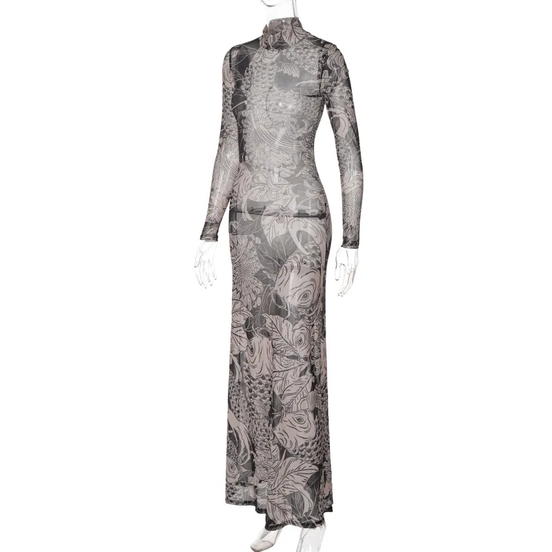 ReddaChic Totem All-over Print Maxi Long Dress Women Long Sleeves Koi Fish Mesh Slim Bodycon One-piece Aesthetic Vintage Clothes