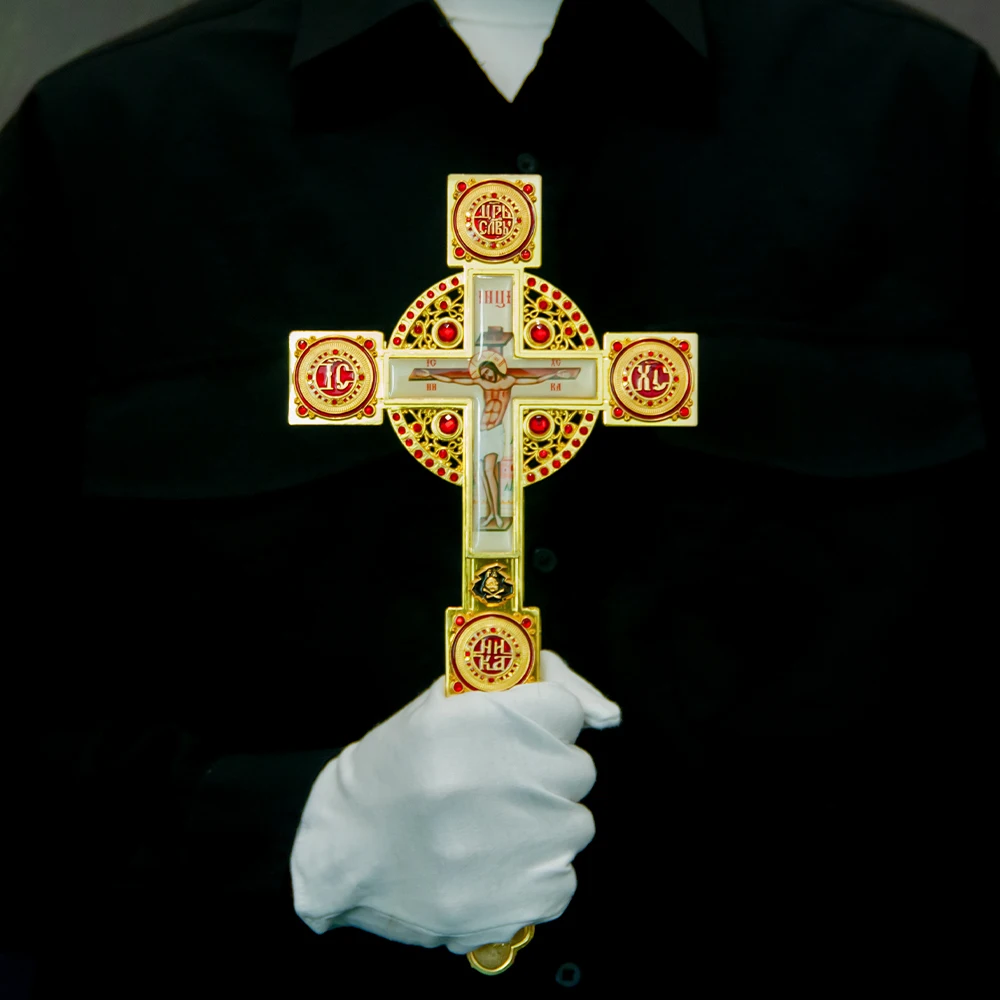 

HTISOK Eastern Orthodox Blessing Cross with Crucifixion of Jesus Church Cross with Religious Symbols for Worship Blessing Prayer