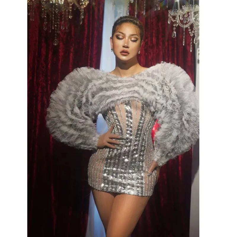 

Bar Concert Singer Sexy Fashion Stage Wear Mesh Puff Sleeve Silver Sequin Mini Dress Women Party Performance Drag Queen Costume