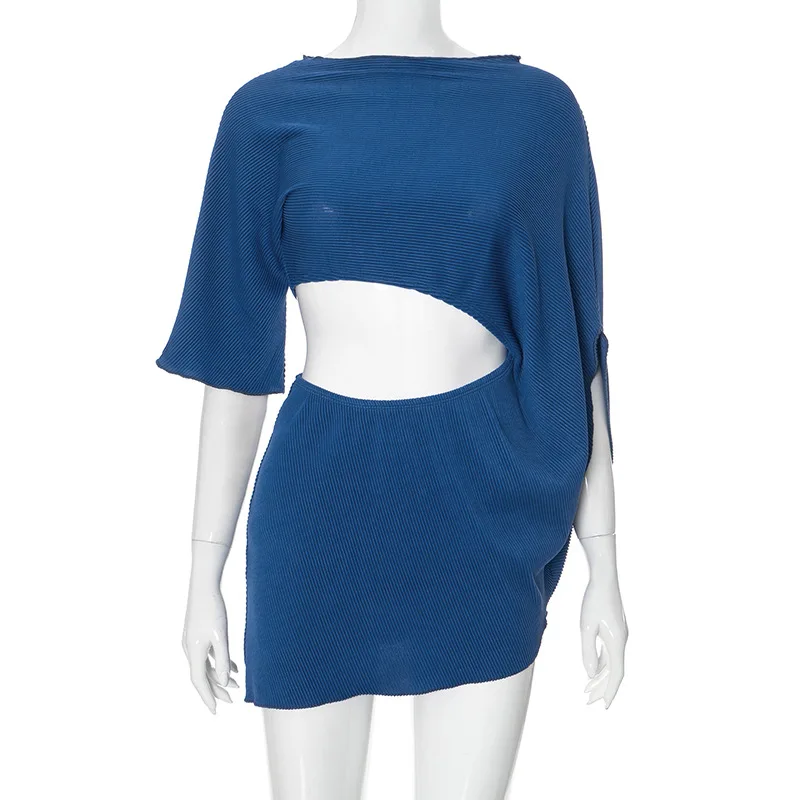 스타일리시 레이디 컷 아웃 니트 드레스 2025 여름 여성 반소매 O넥 바디콘 블루 미니 나이트 클럽 파티 드레스