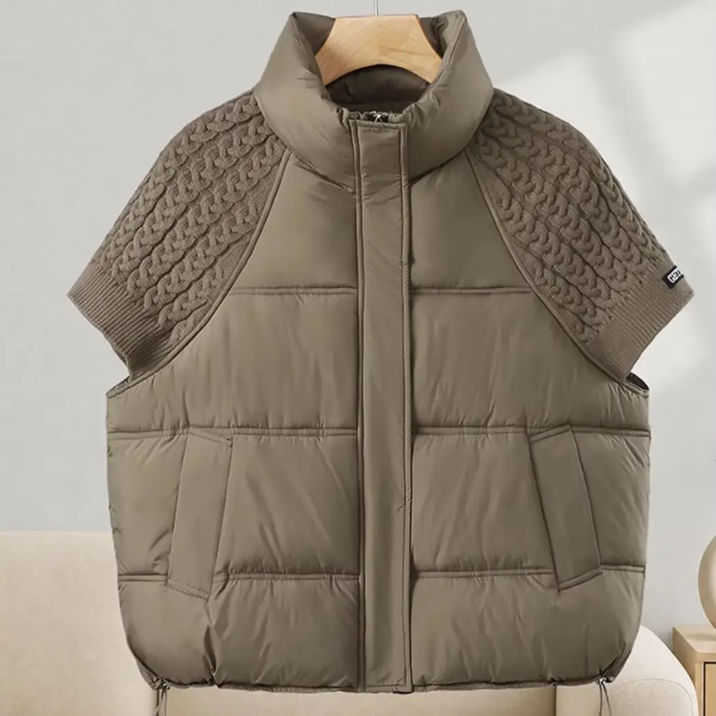 Women Stand Collar Knit Spliced Cotton Puffer Vest Drawstring Hem Loose Quilted Waistcoat Autumn Winter Casual Outerwear