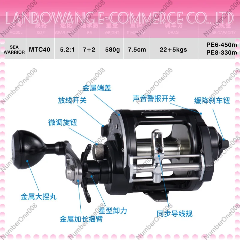 Metal Drum Boat Fishing Reel Trolling Wheel 22kg Max Drag 7+2BB Speed Ratio 5.2:1 Big Game Casting Reel