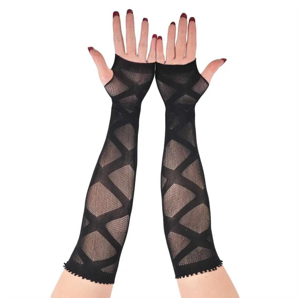 Star Fishnet Long Mesh Gloves Performance Dance Hollow-Out Half-Finger Lace Mittens Black Arm Sleeves Fingeless Gloves