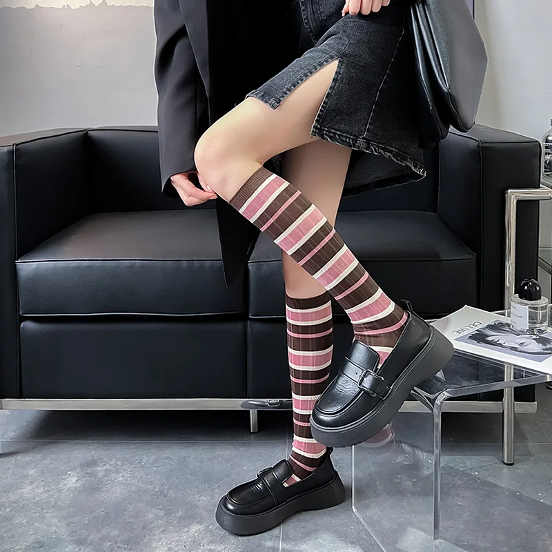 

Calf Socks Pink Stockings Striped Socks Children's Long Calves and Knee Stockings Color Matching Simple High Stockings