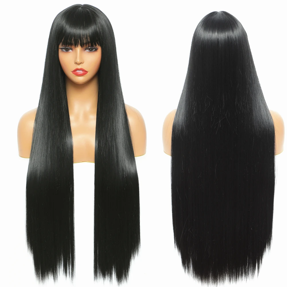 Wigs with Bangs for Women Synthetic Hair 32 Inch Super Long Straight Wig with Fringe for Ladies Cosplay Party Fancy Dress Daily