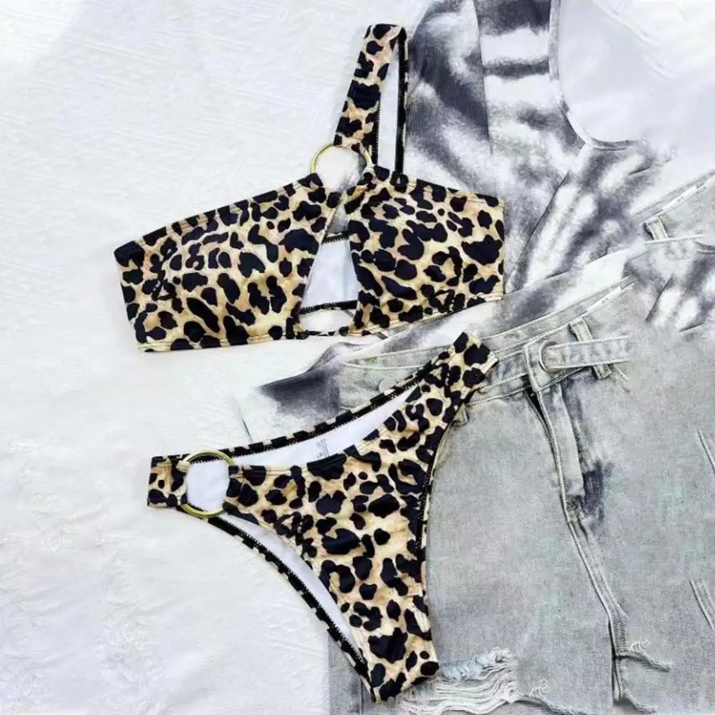 Sexy Leopard Print Bikini Set Summer Beach Outfit Leopard Print Bikini Set with One Shoulder Design High for Women for Beach