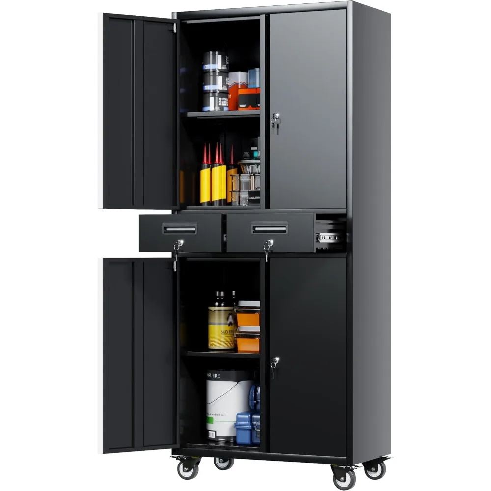 Garage Cabinet with Locking Doors,Tool Storage Cabinet with 4 Wheels and 2 Drawer and Adjustable Shelves- 71