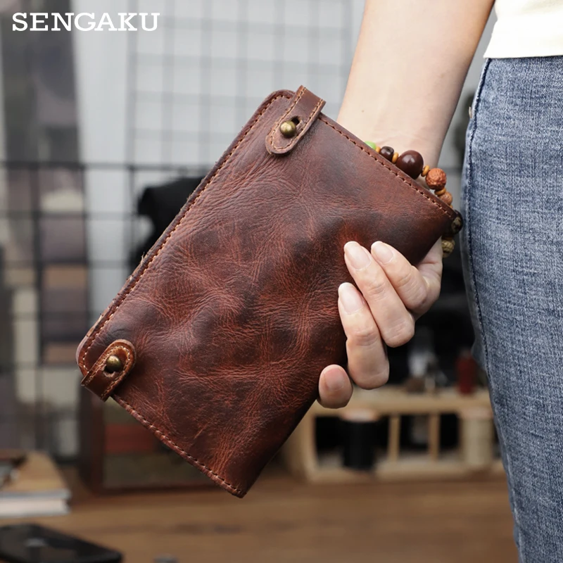 Large Capacity Card Slot Long Wallet For Men Retro Genuine Leather Clutch Wallets Handbag Bifold Money Bag Zipper Clutch Bag