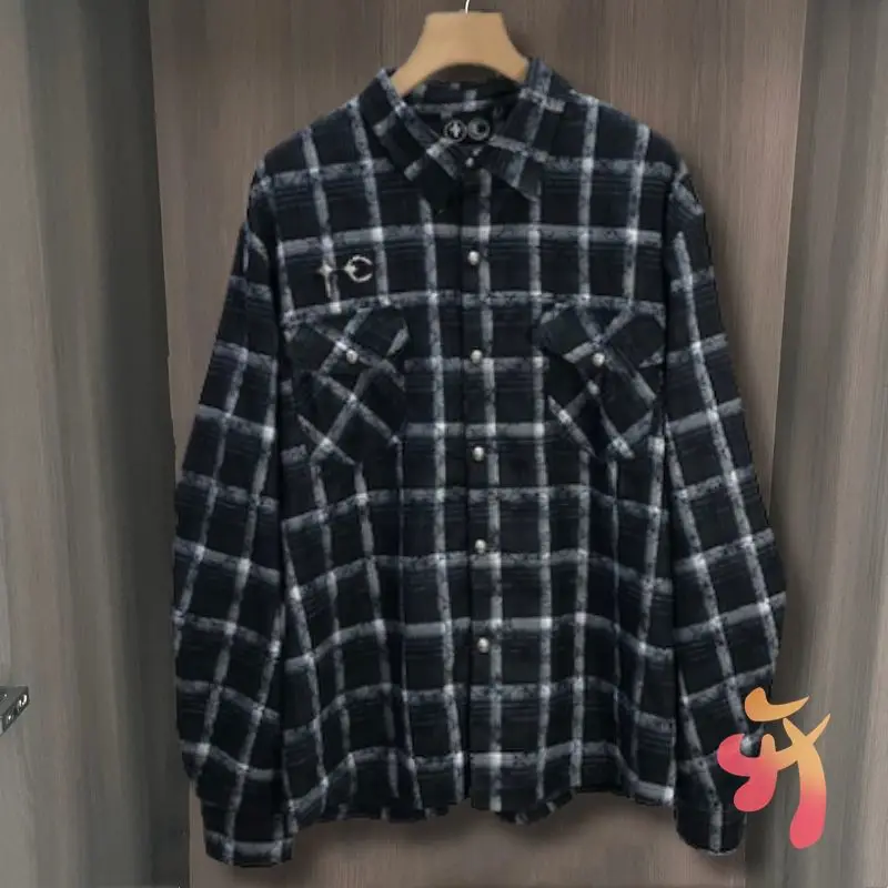 

Fashion Streetwear Thug Club Shirts Full Print Checkered Metal Star Moon Logo Pocket Lapel Long Sleeve Casual Men Women Tops