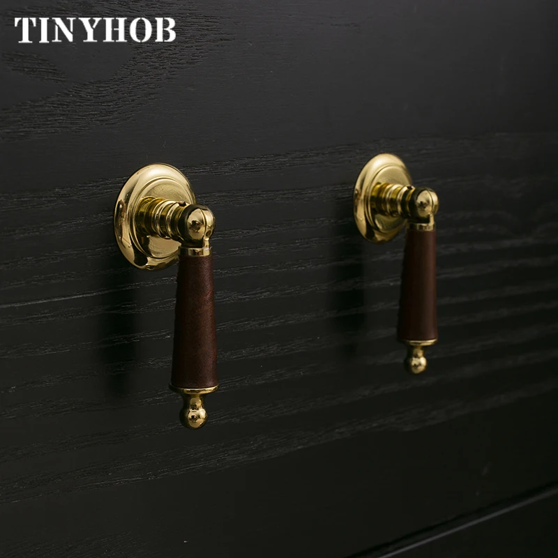 Leather+Solid Brass Kitchen Cabinet Handles Cupboard Door Knobs and Handles Bright Golden Drawer Dresser Pull Furniture Hardware