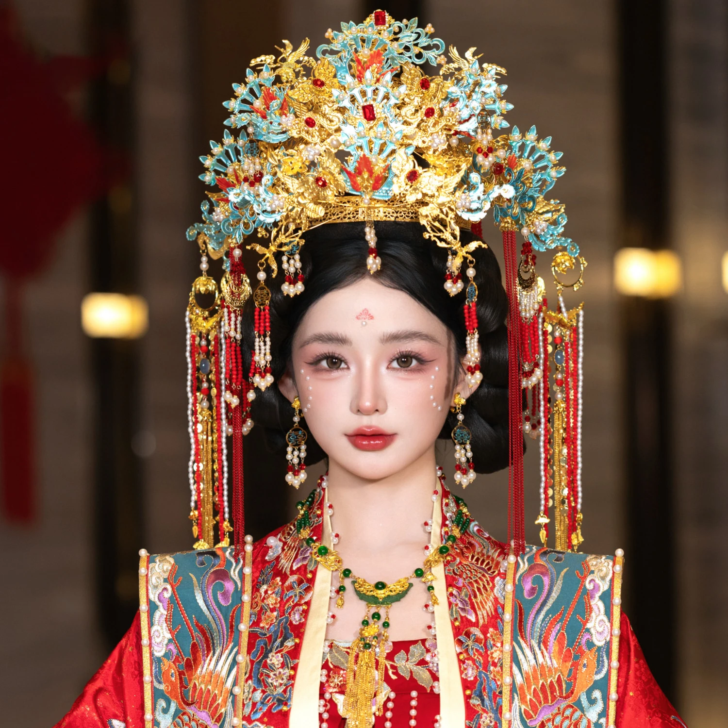 Luxurious Vintage Phoenix Hair Crown Red Wedding Robe Hanfu Golden Blue Chinese Bride Headwear Hair Accessory for Women