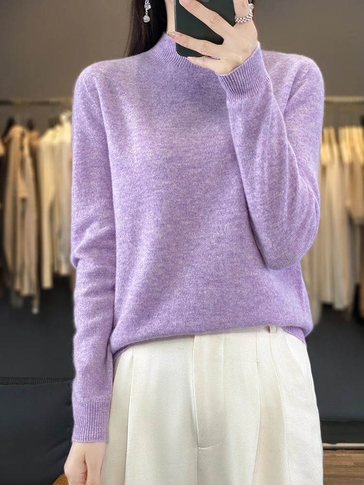

Casual Solid Warm Soft Mock Neck Pullover Sweater 100% Merino Wool Women's Autumn Winter Comfort Chic Knitted Clothing Tops