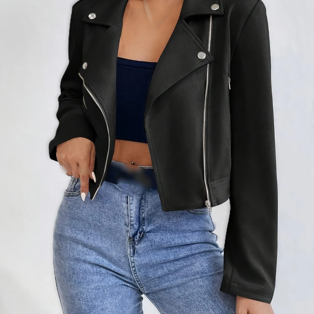 Short Leather Jacket for Women with Diagonal Zipper Metal Buttons High Waist Regular Length Autumn Winter Wear