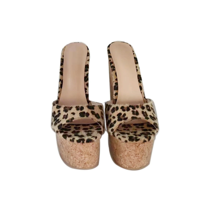 DIZHUANG shoes Fashion women\'s high heeled slippers About 15 cm heel height Leopard patterned horse hair Outdoor wedges slippers