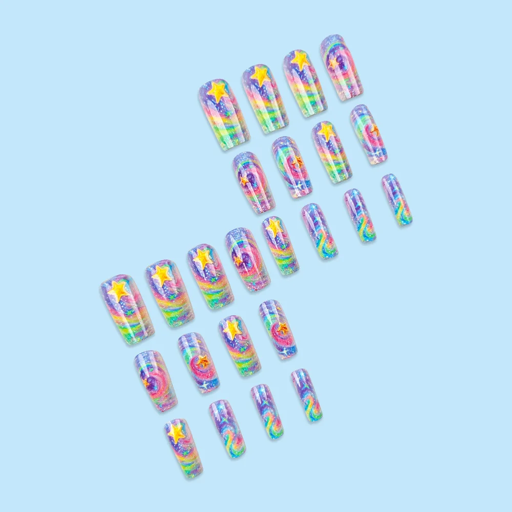 24 Uds deslumbrante cielo estrellado uñas postizas Flash lentejuelas coloridas patrón de estrella dorada prensa en uñas Y2k gradiente romántico uñas postizas