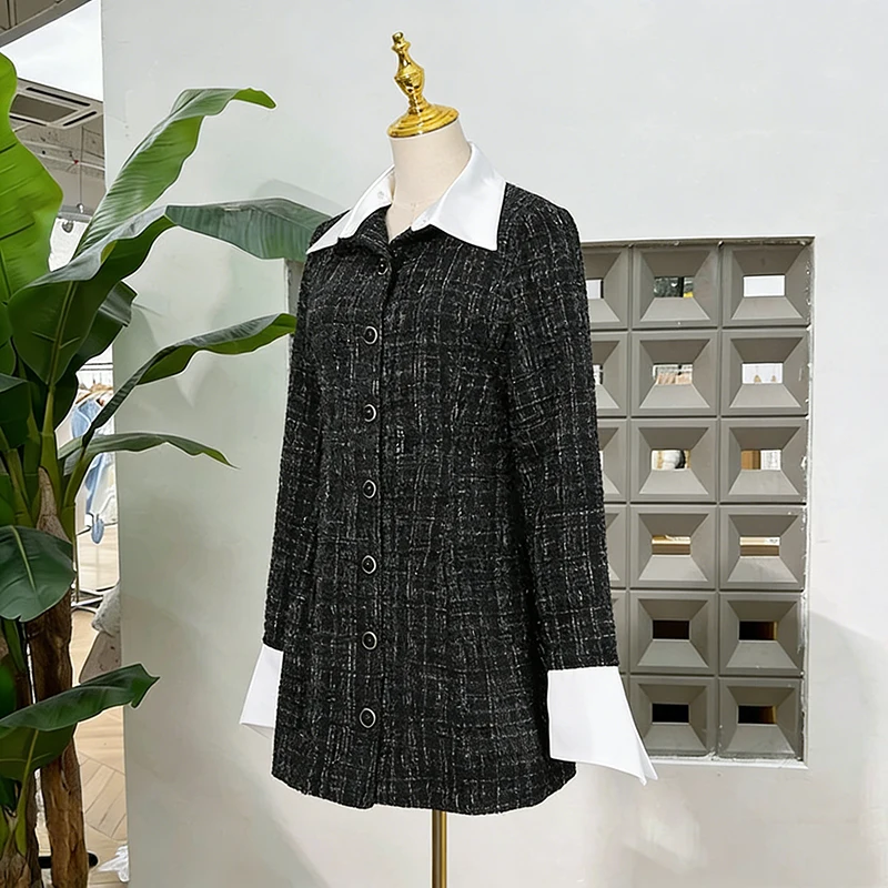 KBQ Hit Color empalmado a cuadros Minivestidos minimalistas para mujer solapa manga larga túnica Vintage chic vestido femenino otoño nuevo