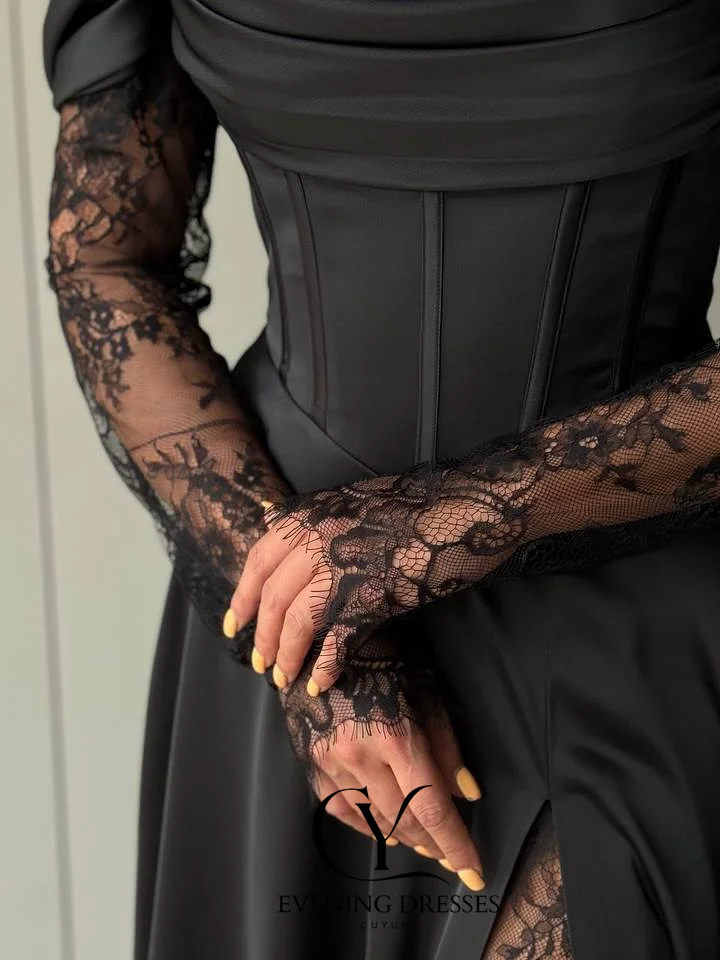 CUYUN-vestido de noche negro de lujo con abertura larga, vestido de fiesta de manga larga con hombros descubiertos, vestido de línea A personalizado para ocasiones formales