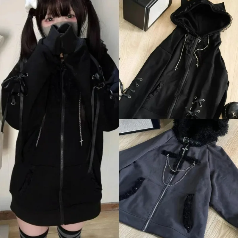 Damen Y2K Ästhetik Katzenohren Kapuzenpullover Japanische Mode Grunge Bandage Reißverschluss Hoodie Kawaii Casual Streetwear Mantel Neu