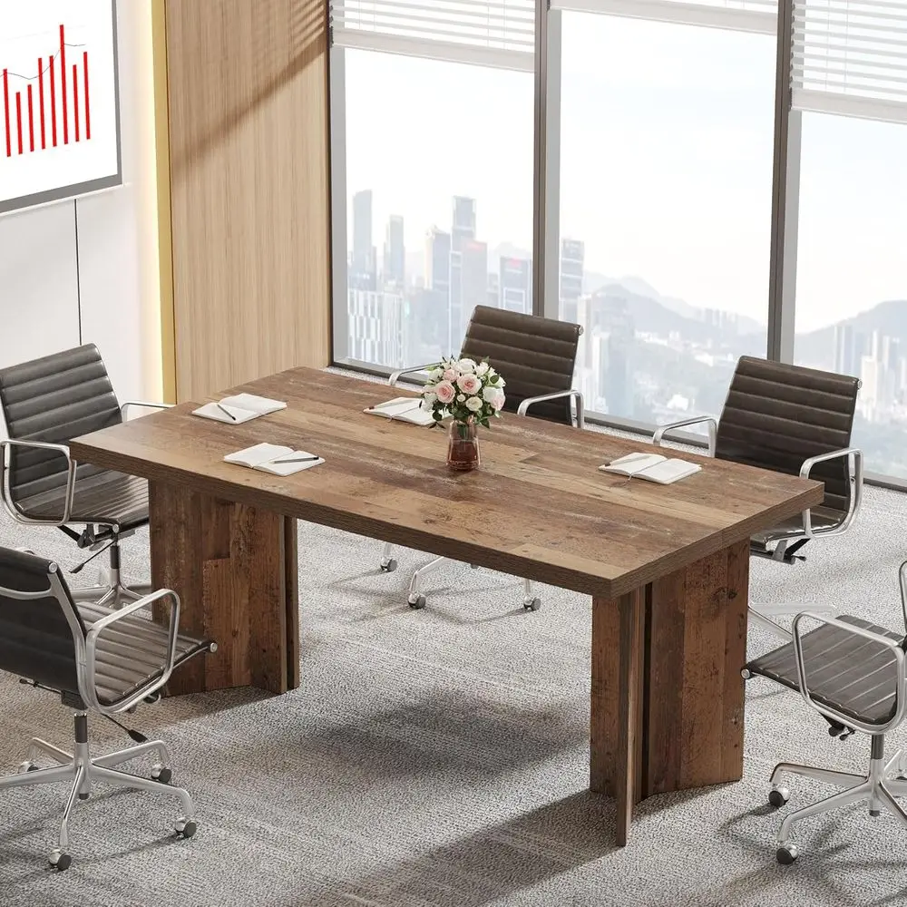 

63in Heavy-Duty Distressed Brown Pedestal Table for 4-6, Ideal for Conferences & Seminars