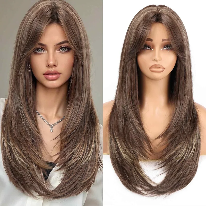 Highlight Dark Brown Wig Long Straight layered 24 inch Middle Part Synthetic  E6