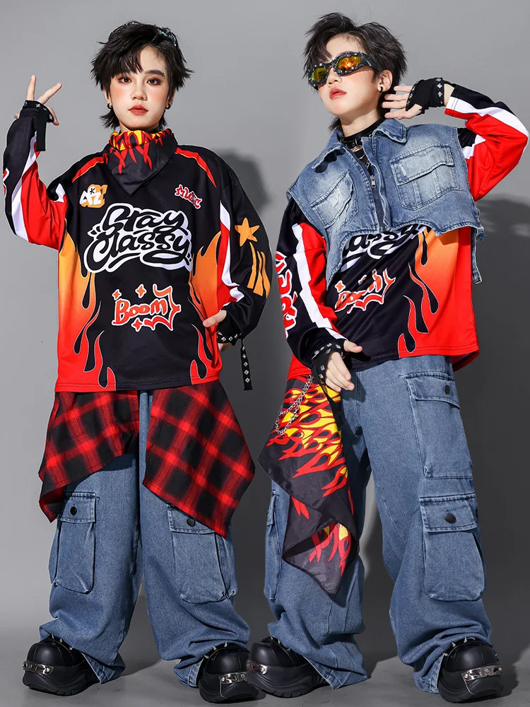 Kinder-Streetdance-Auftrittsoutfit Jungen Hip-Hop Denim-Kleidungsset Atmungsaktive Polyesterfaser Rundhals-Print-Design – Detail 17