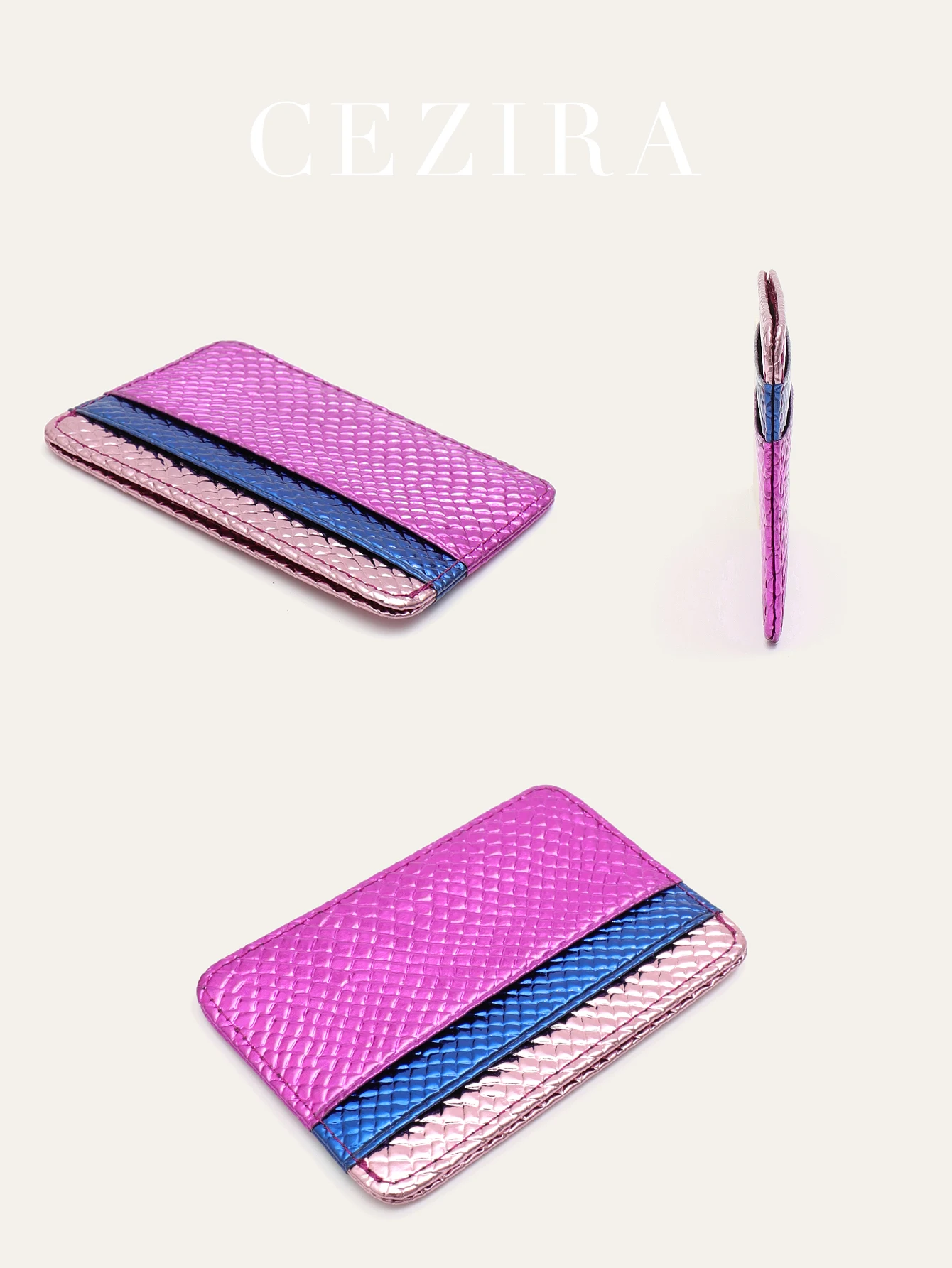 CEZIRA Luxury Snakeskin Print Metallic PU Leather Contrast Color RFID Thin Short Wallet Card holders Multi Slots Portable Purse