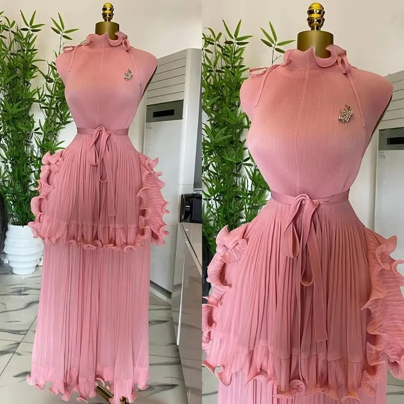 Miyake Pleated Dress Women Round Neck Sleeveless Solid Color Loos Style Patchwork New Tide 2025 Dresses