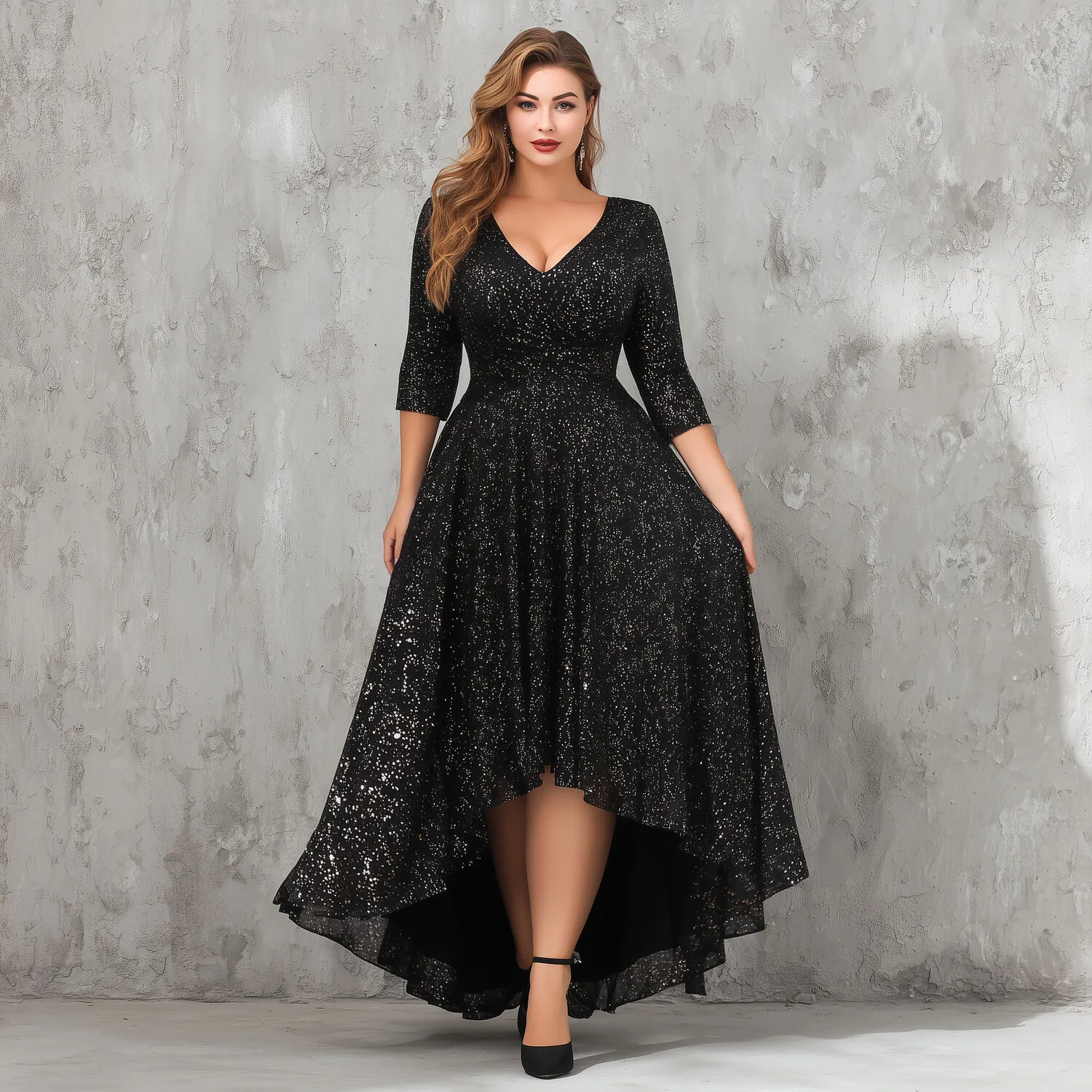 Flycurvy Plus Size Christmas Black Glitter Sparkly 3/4 Sleeve High Low Hem Maxi Dress