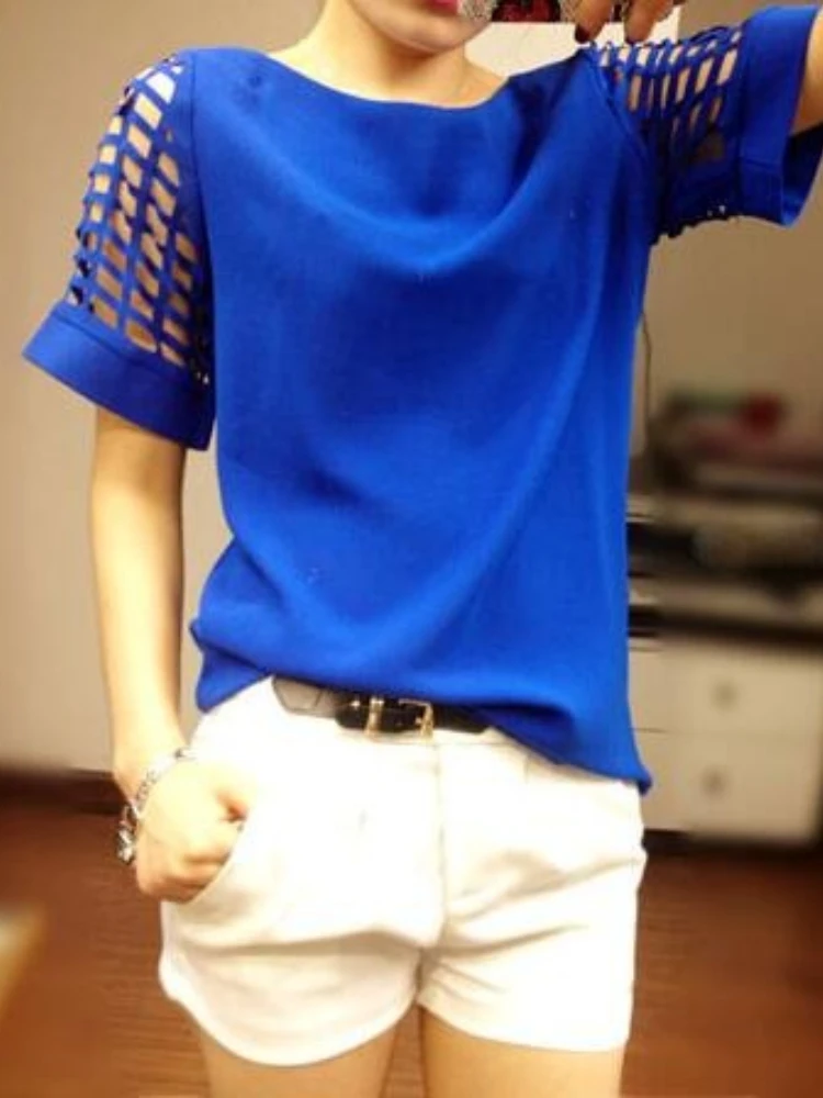 Summer Blouse Sexy Women Ladies Hollow Sleeve Slash Neck Loose Solid Shirts Casual Tops