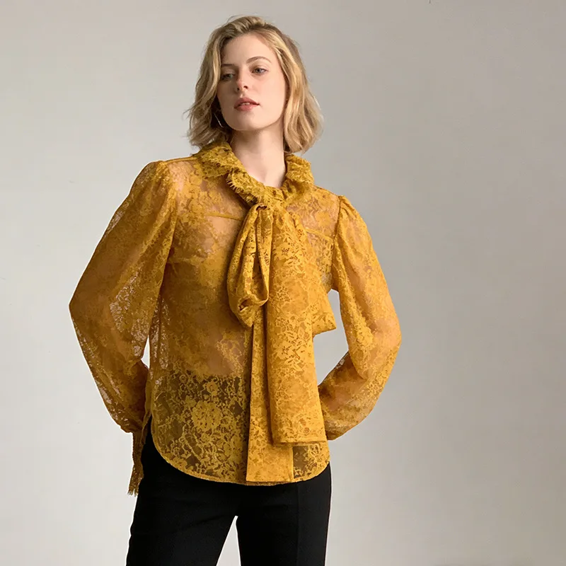 

Women's High-End Elegant Patchwork Lace Long Sleeve Shirts & Blouses Autumn Winter High Waist Slimming Fit Casual Shirt