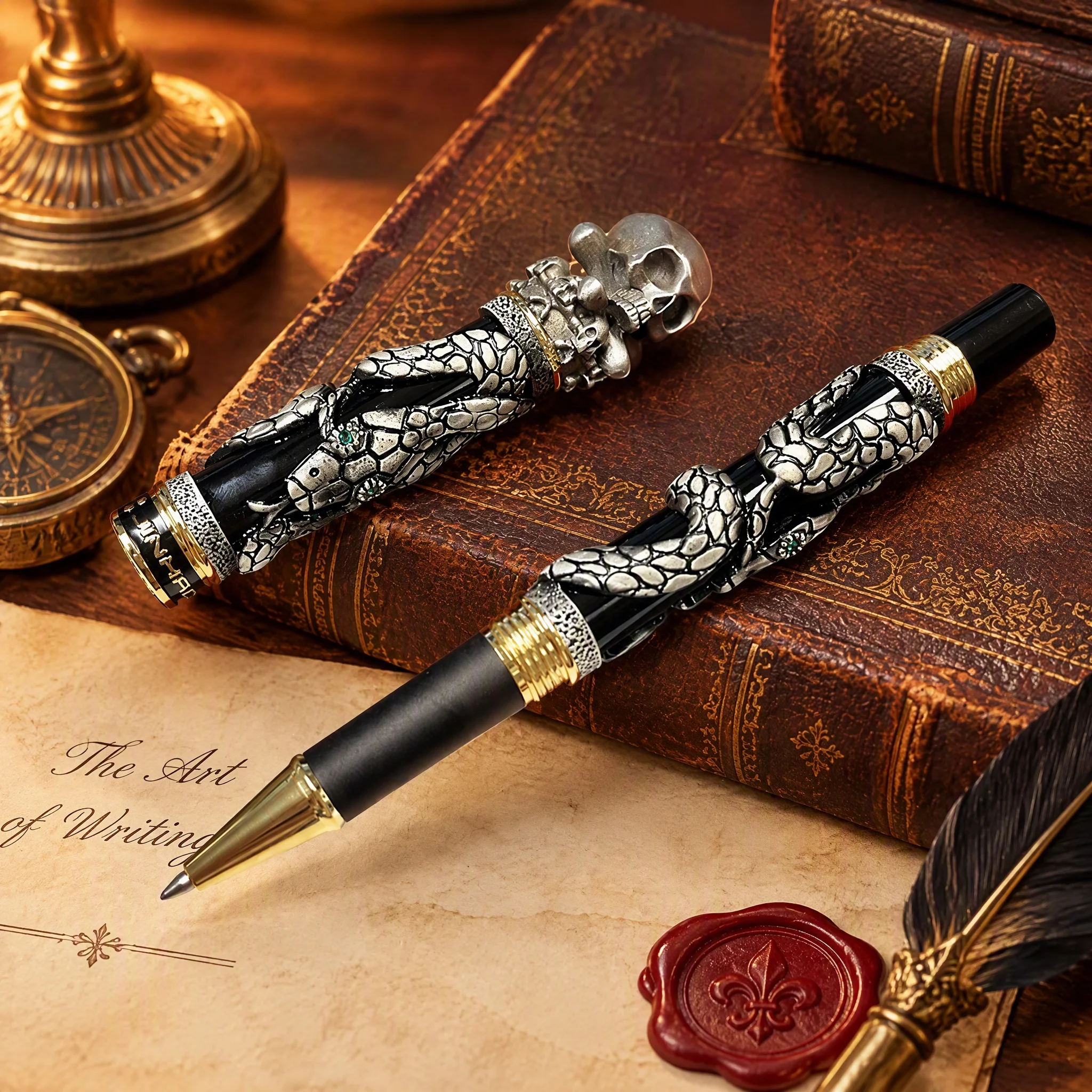 Jinhao Skull Head Ancient Silver Embossed Fountain//Roller Pen, Luxury Heavy Office Business Writing Collection Pen