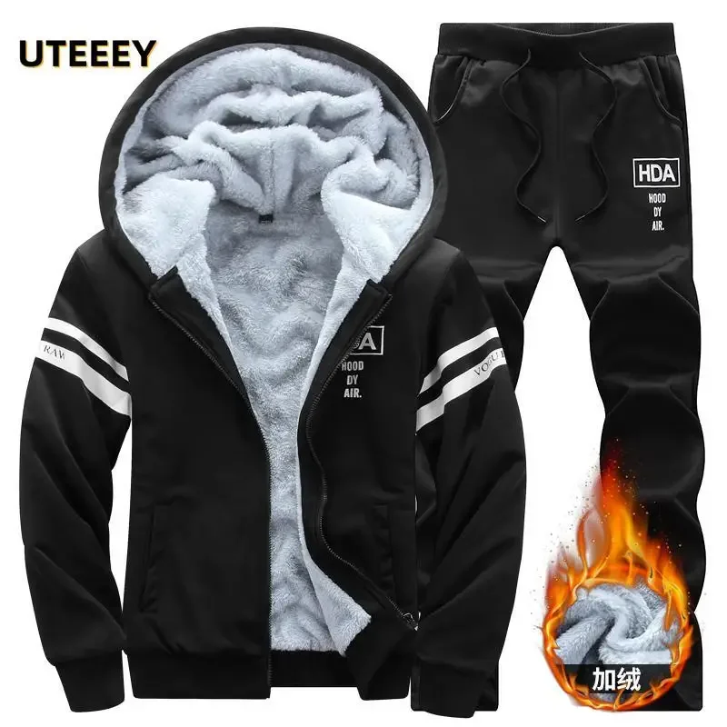 2023 Winter Tracksuit Casual Men Sets Sweatshirt Sporting Running Fleece Thick Fur Warm Hooded Jacket With Pant Male Sportswear