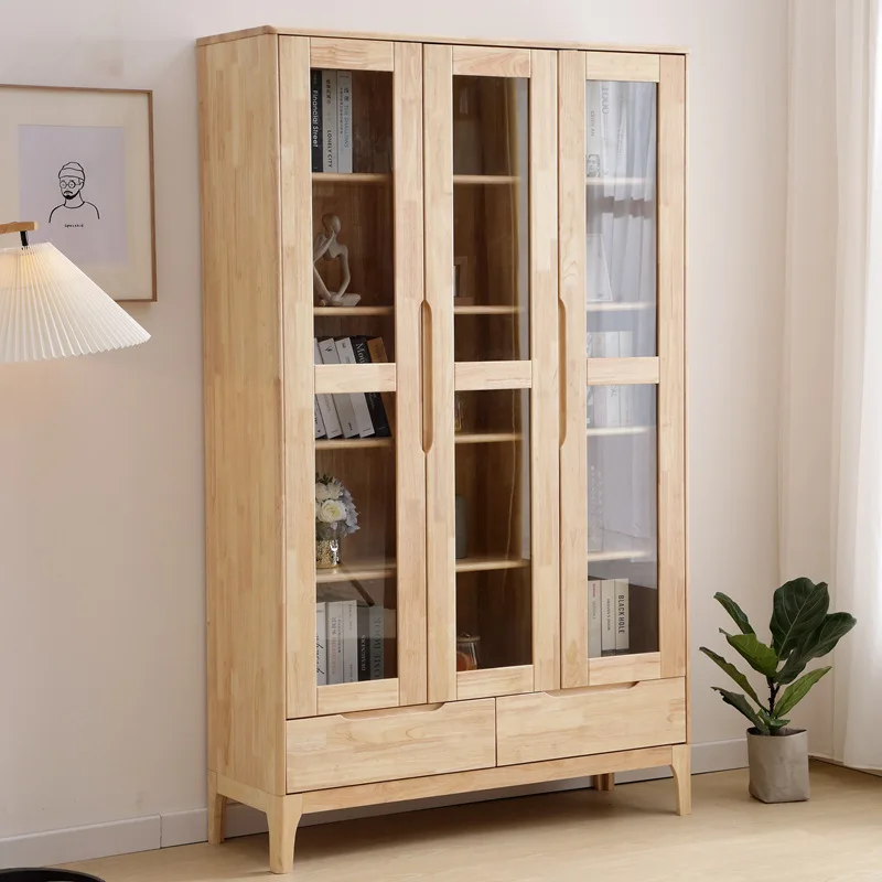 Simple bookcase Nordic solid wood, living room bedroom storage bookshelf floor study two doors three doors glass door cabinet