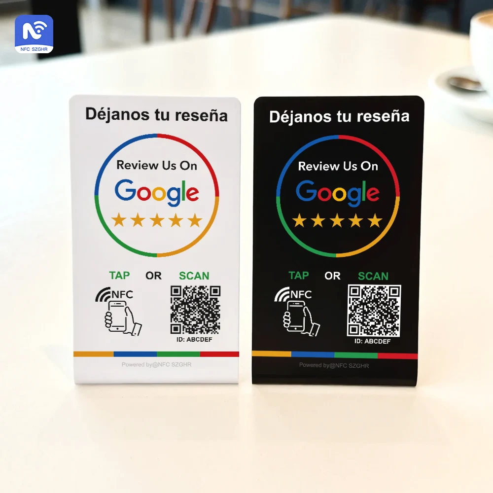 Spanish English QR code NFC Standing Sign Google review NFC215 Review Stand Click URL Unlimited Modification Editing QR Codes
