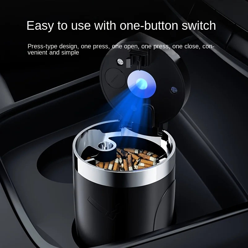 One Click Opening of Car Ashtray with Metal Lining and LED Light Push Type Splash Proof Light, Car Ashtray, Automotive Supplies