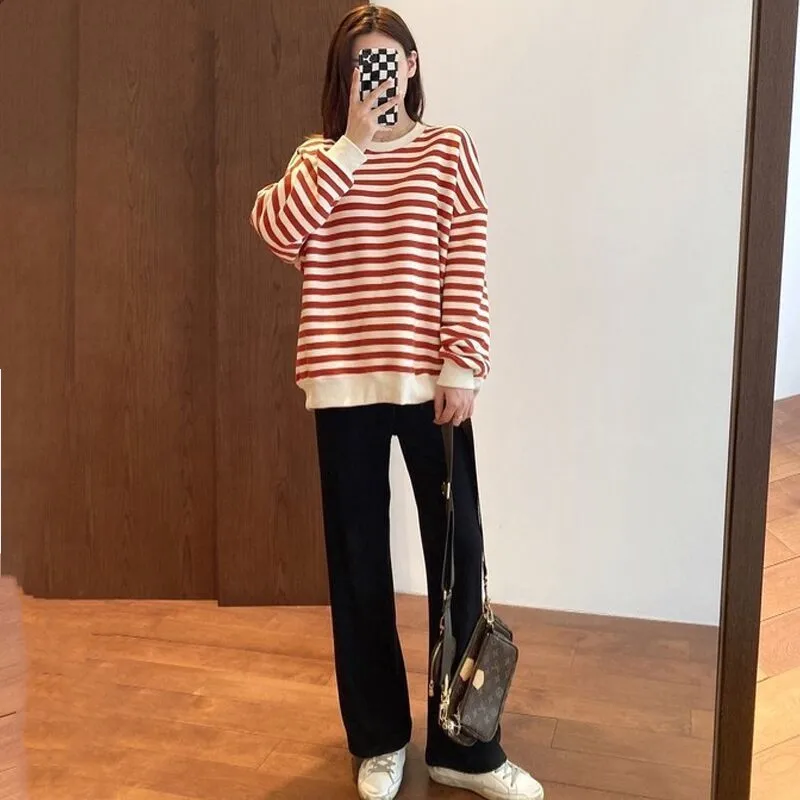 2024 autumn and winter fashion women's set printed striped top+slim fit wide leg pants two-piece set trendy