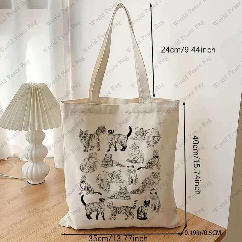 Cute Cat Pattern Canvas Tote Bag, Simple Eco Shopper Bga Versatile Lightweight Storage Bag Beach Bag Tote Bags for Women