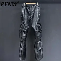 PFNW Men's Darkwear Flared Pants Pattern PU Leather Three-dimensional Multi Pocket Design Motorcycle Trousers Autumn New 21Z3606