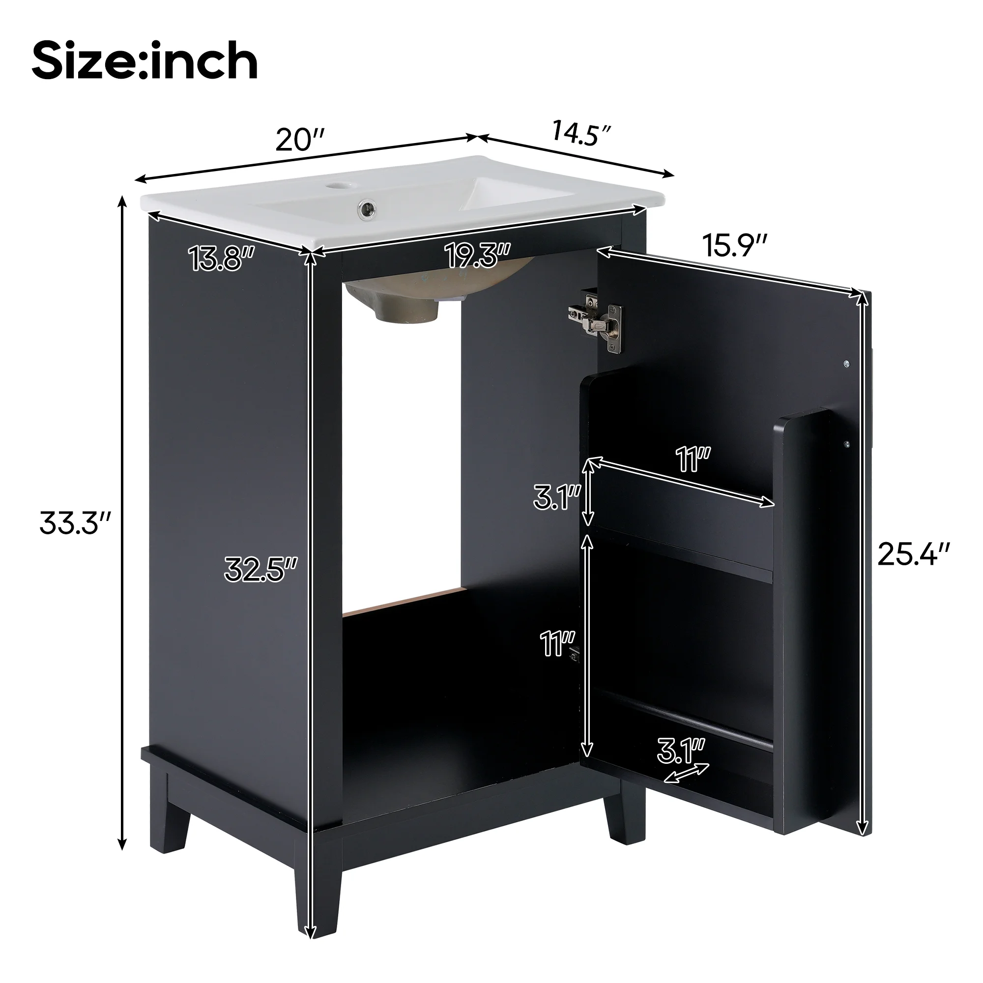 20 Inch Bathroom Sink Cabinet 20*14.5*33.3 Inches,Ample Storage,1 Soft Close Door
